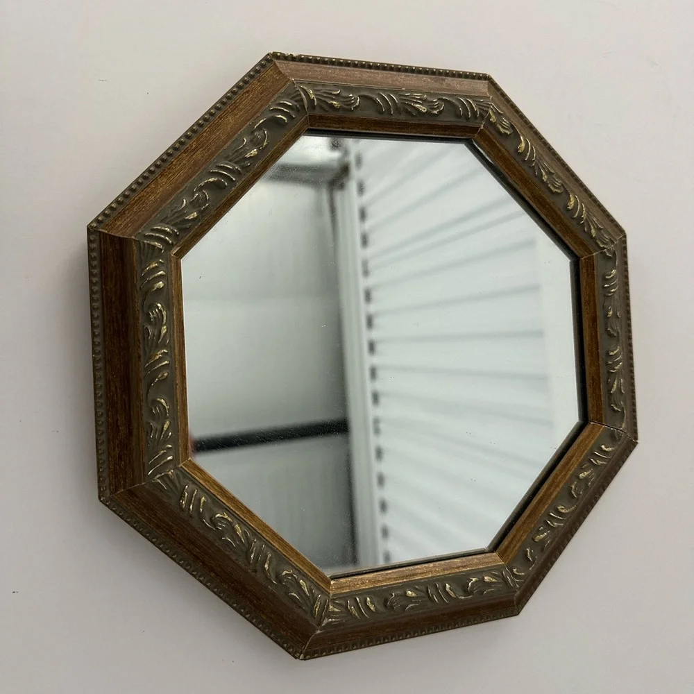 Vintage Octagon Wall Mirror in Filigree Wood Frame